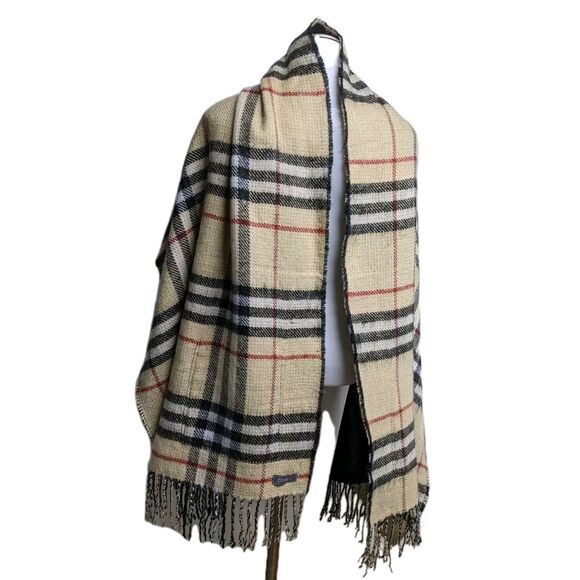 Code Scarf / Wrap / Shawl Plaid Beige Fringe Unisex Reversible Neckwear Pockets - Picture 2 of 10